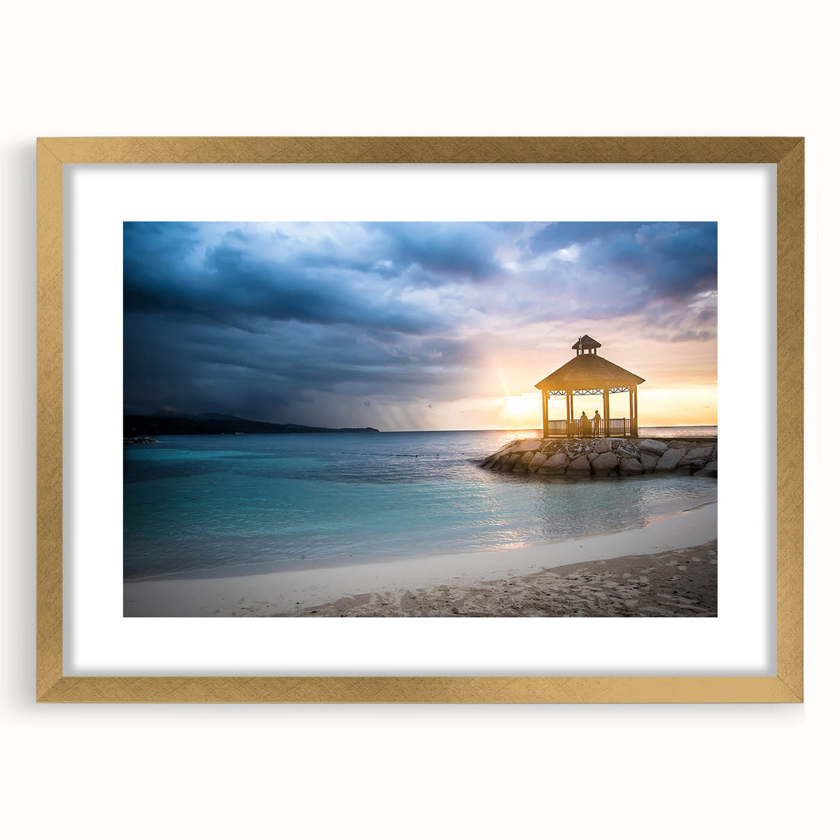 Abstract art print of a Caribbean seascape in vibrant blue and green tones on a framed canvas.