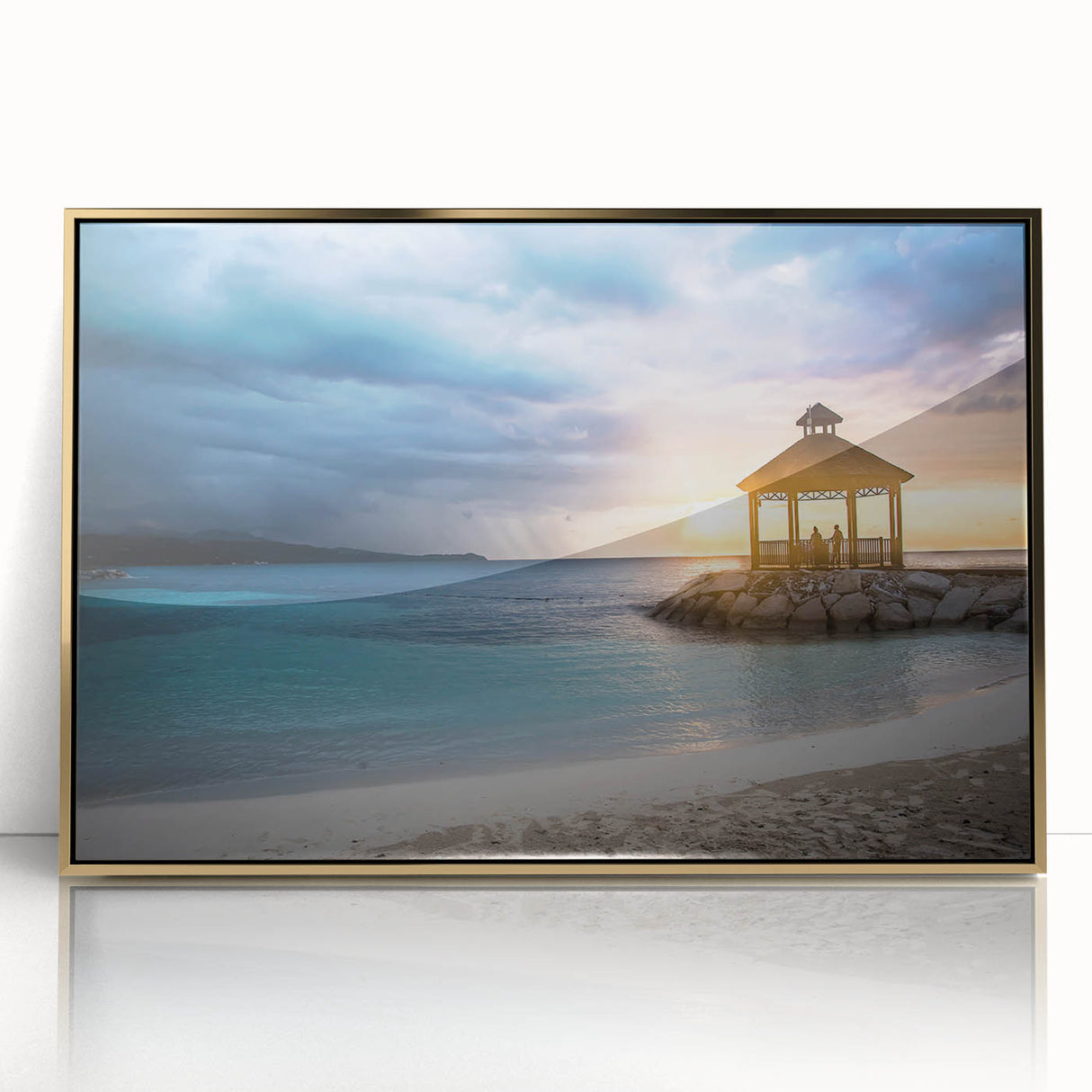 Mid-century modernist art depicting a Caribbean scenery in vibrant blue and green tones on a framed acrylic print.