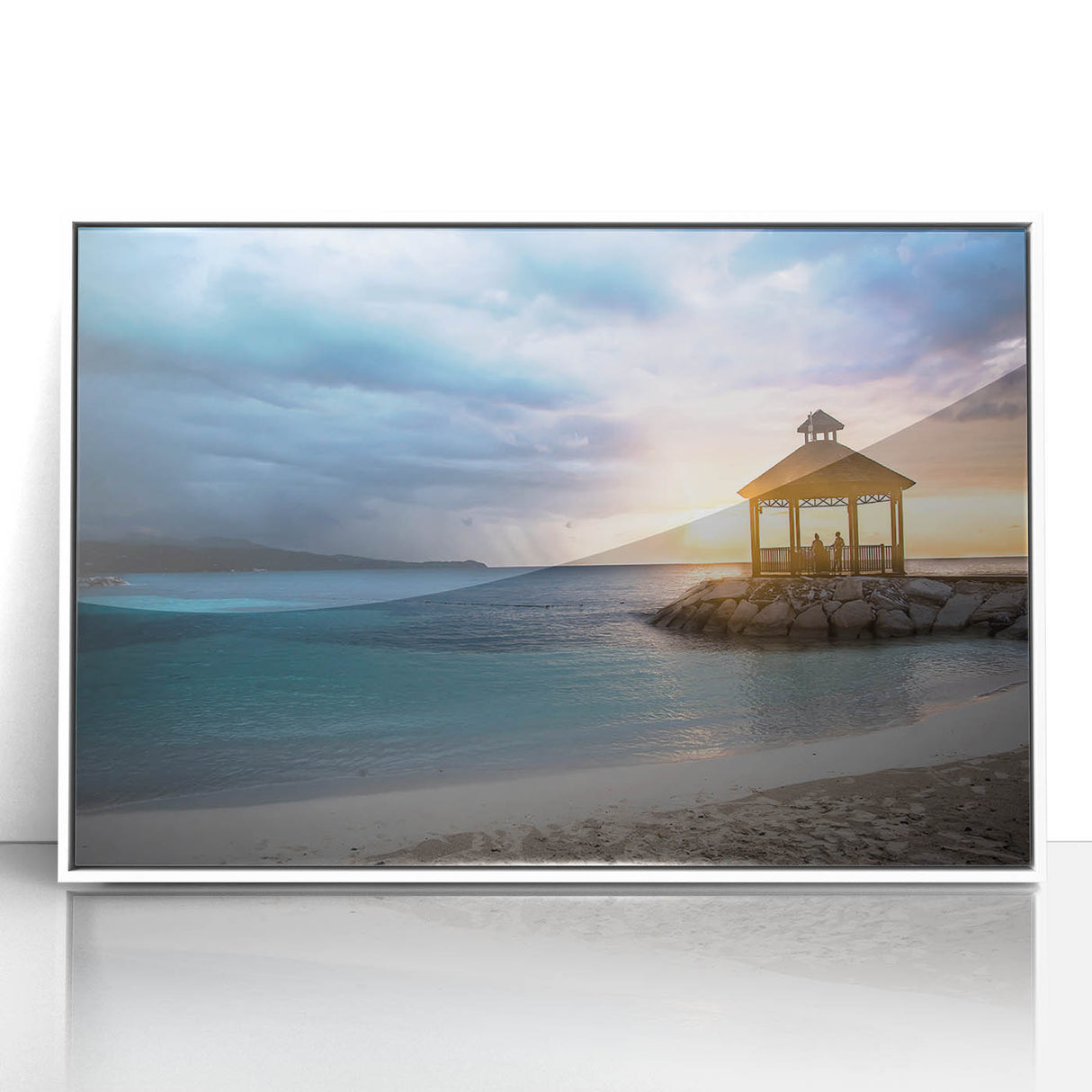 Large art print of a Caribbean scenery in mid-century modernist style, framed acrylic with vibrant blue and green tones.