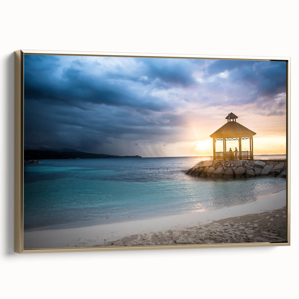 Vintage poster art of a Caribbean scenery on extra large framed canvas, featuring vibrant colors against a black background.
