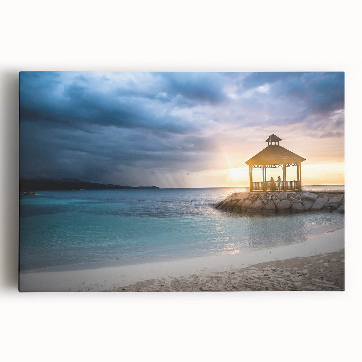 Black and white stretched canvas featuring a serene Jamaican beach scene, ideal for kitchen wall art or bedroom ambiance.