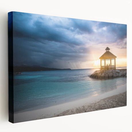Large canvas print of a Caribbean beach scene with vibrant blue and turquoise waters, ideal for kitchen wall art.