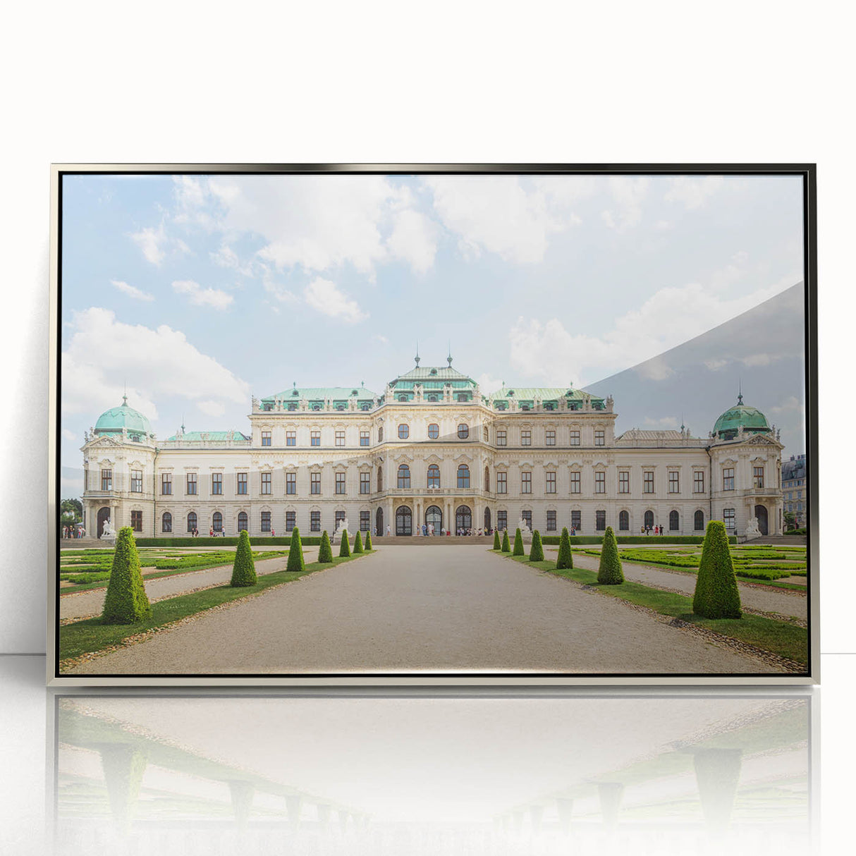 Large art print of a serene Austrian landscape in muted greens and blues, acrylic framed, ideal for modern art wall decor.