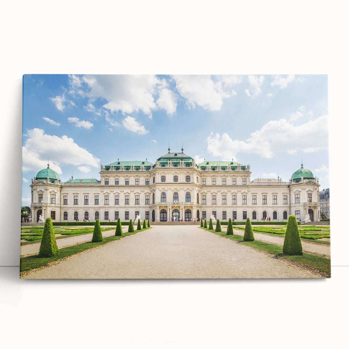 Black and white stretched canvas of a European street scene, ideal for kitchen wall art.