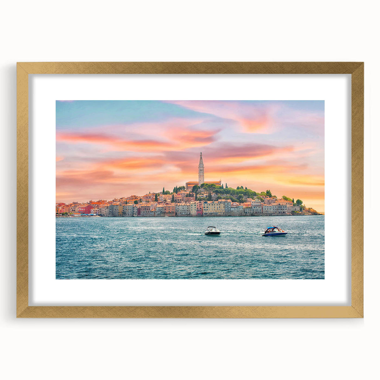 Abstract art print of a European Croatian landscape in muted earth tones on a framed canvas, ideal for dining room decor.