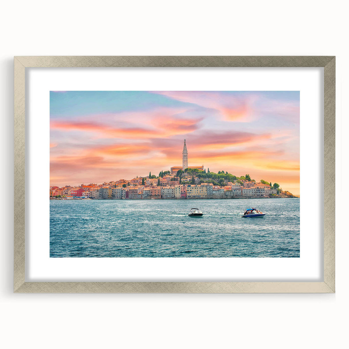 Extra large abstract art print of a textured European scenery in muted earth tones, framed with a silver mat.