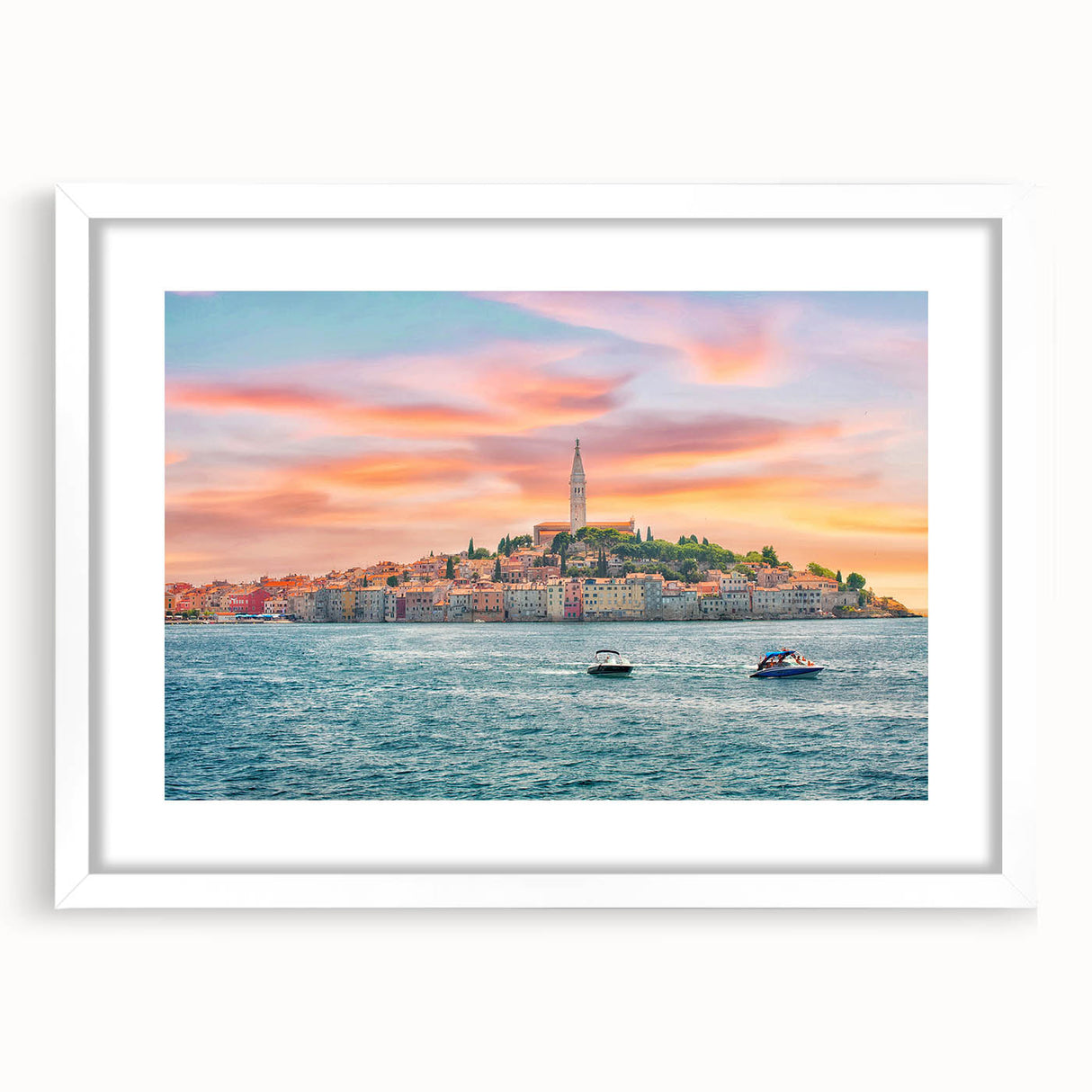 Textured abstract art print of a Croatian landscape in muted earth tones on a framed canvas, suitable for bedroom decor.