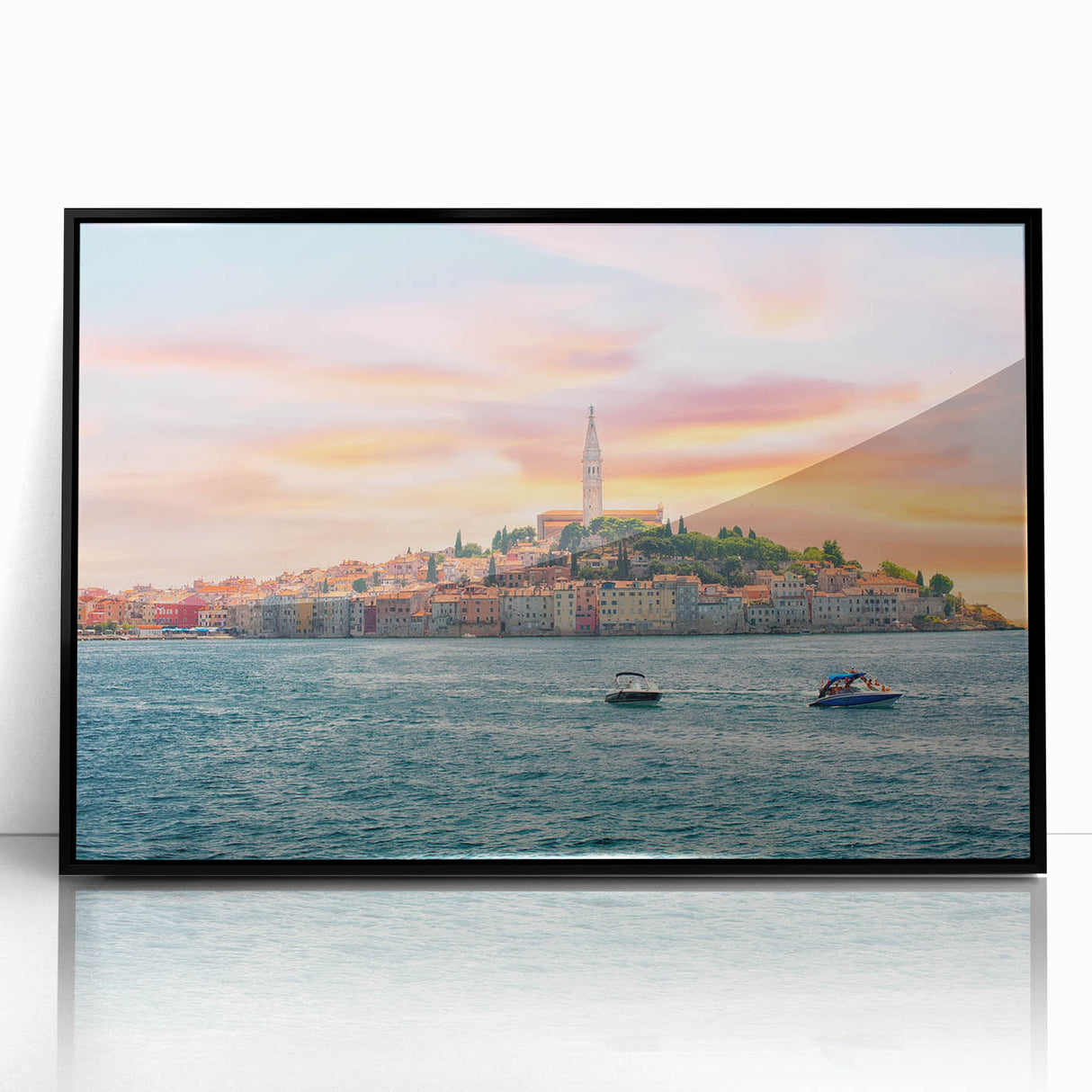 Large abstract wall art depicting a Croatian landscape in muted earth tones, framed in black acrylic.