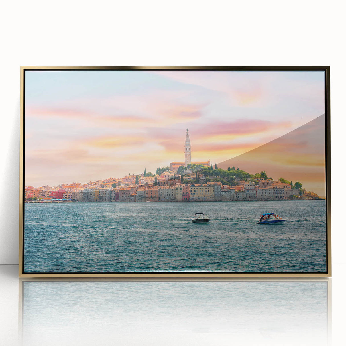 Art deco poster featuring a scenic Croatian landscape in pastel colors on framed acrylic, suitable for modern nursery decor.