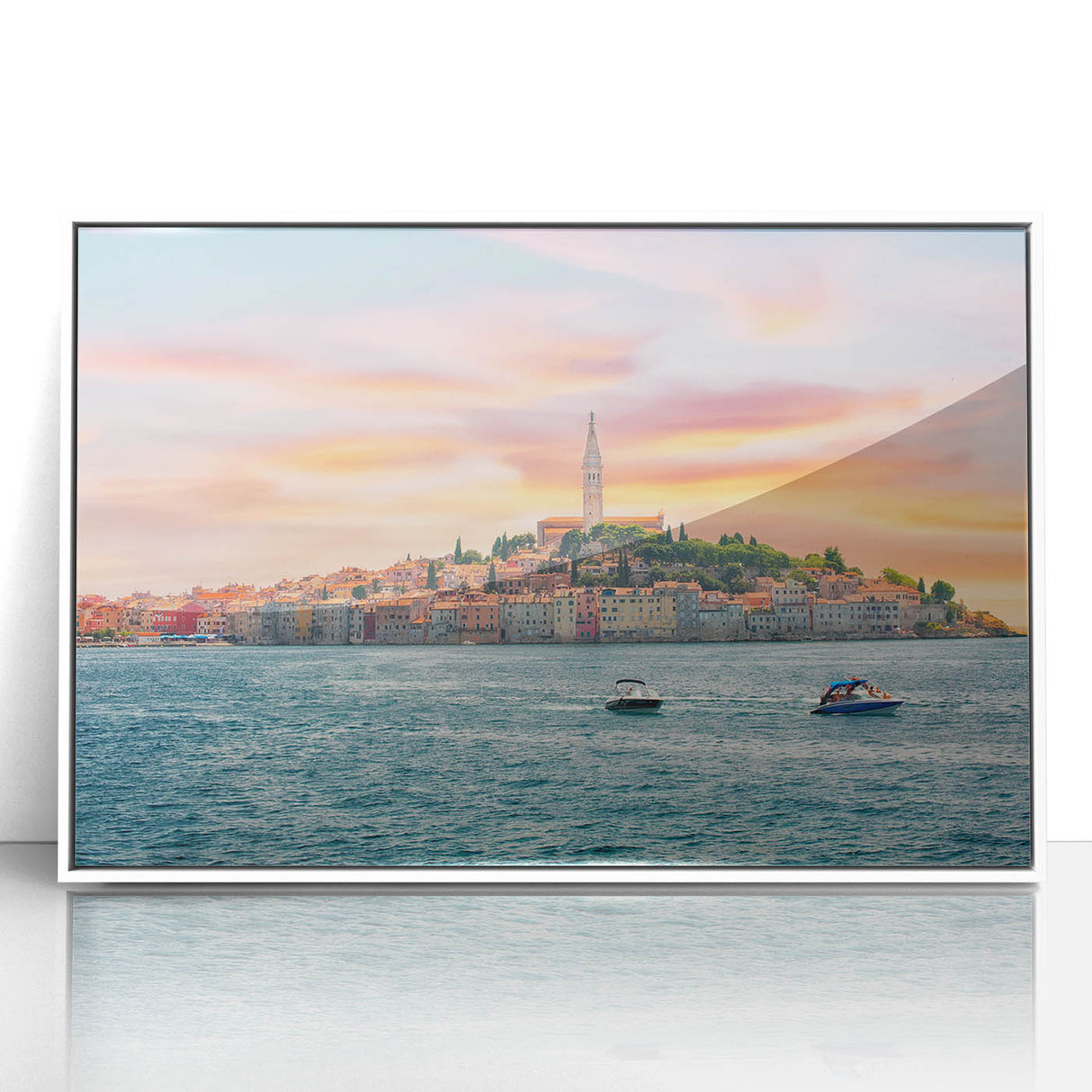 Mid-century modernist art depicting a scenic Croatian landscape on a white-framed acrylic print.