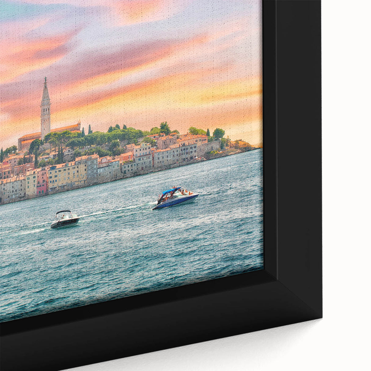 Extra large framed canvas featuring a textured depiction of a Croatian landscape in black with colorful art accents.