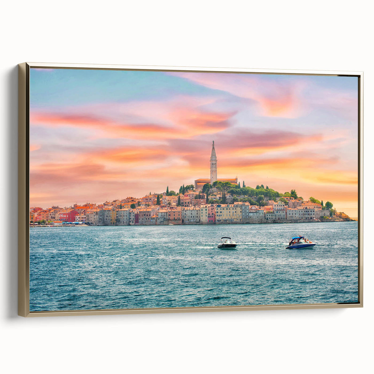 Framed canvas depicting a vintage-style Croatian landscape in muted gold and black tones, suitable for bedroom wall art.