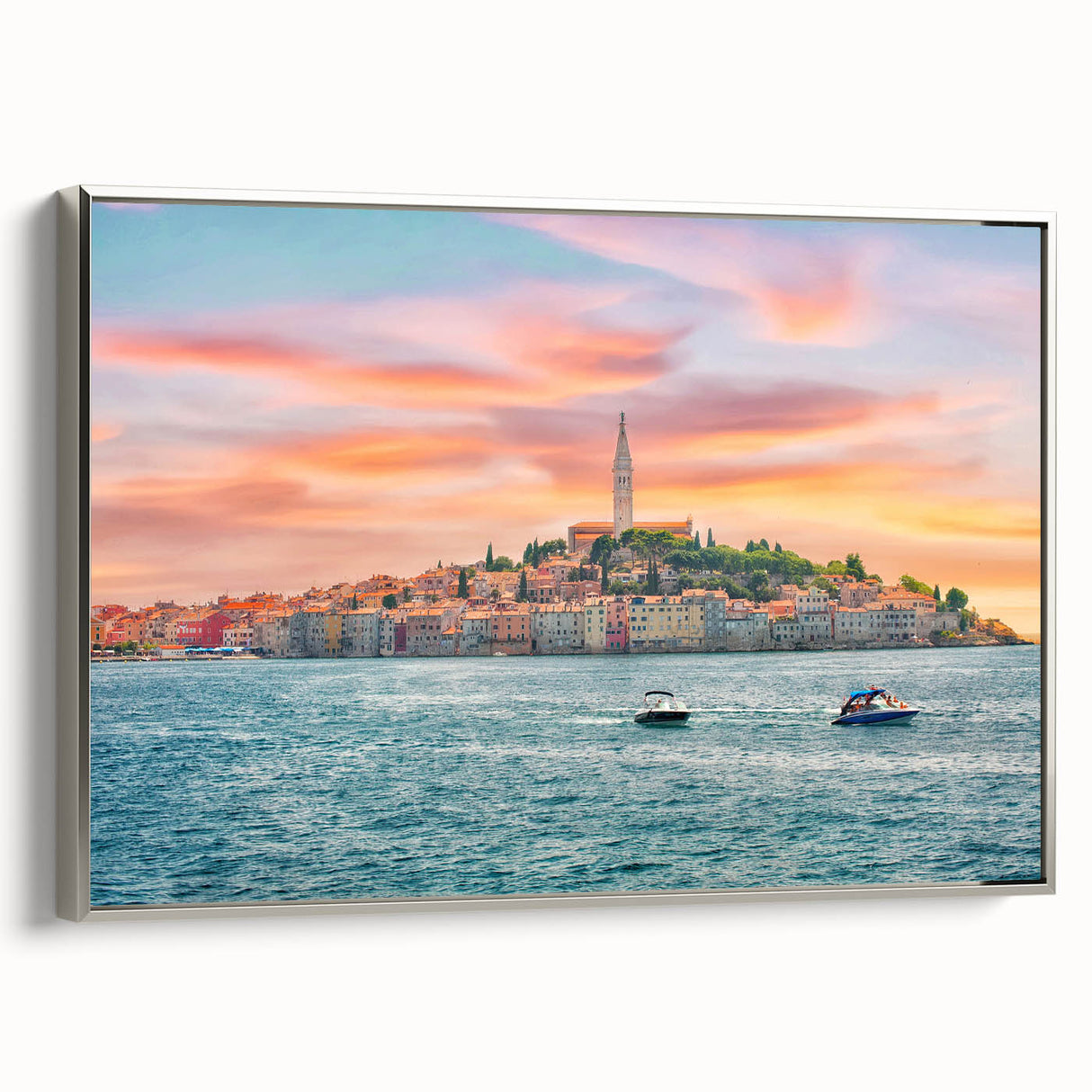 Framed canvas featuring a vintage-style landscape painting of a Croatian coastal scene in colorful art tones.