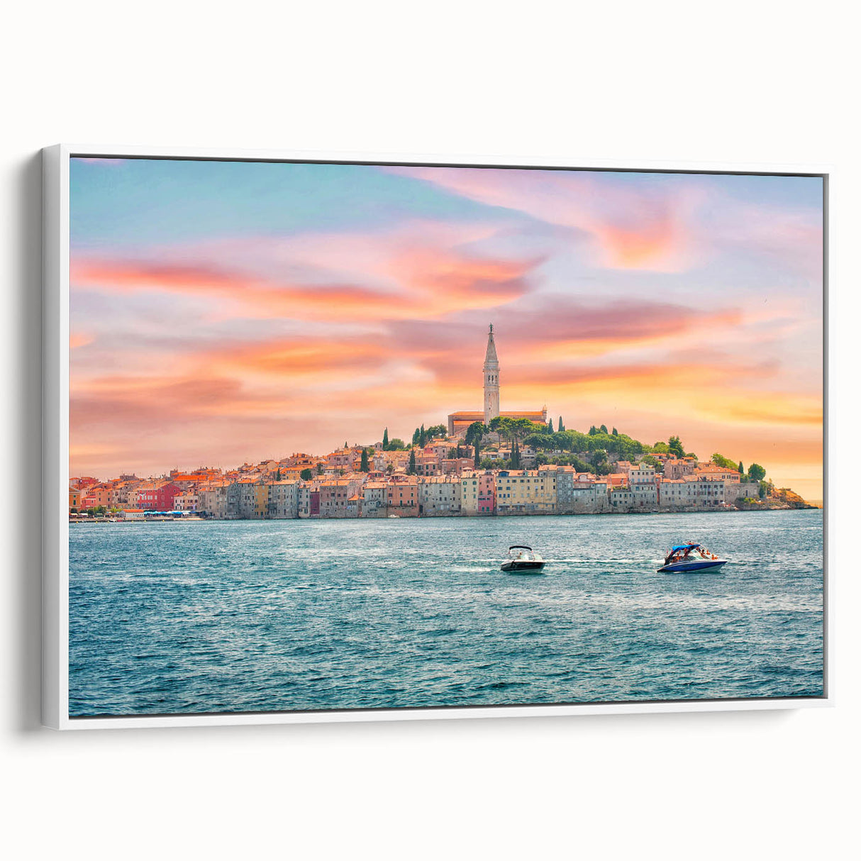 Vintage poster art of a Croatian landscape on framed canvas, featuring vibrant colors, ideal for living room decor.