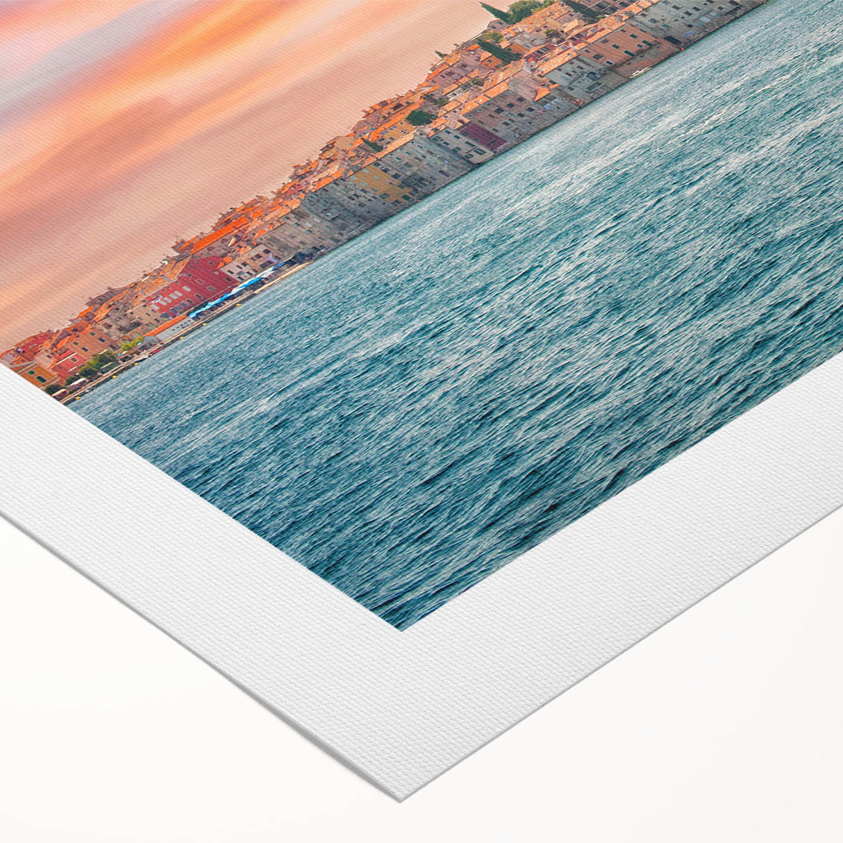 Art deco poster of a Croatian landscape in muted earth tones on rolled canvas, ideal for dining room wall art.