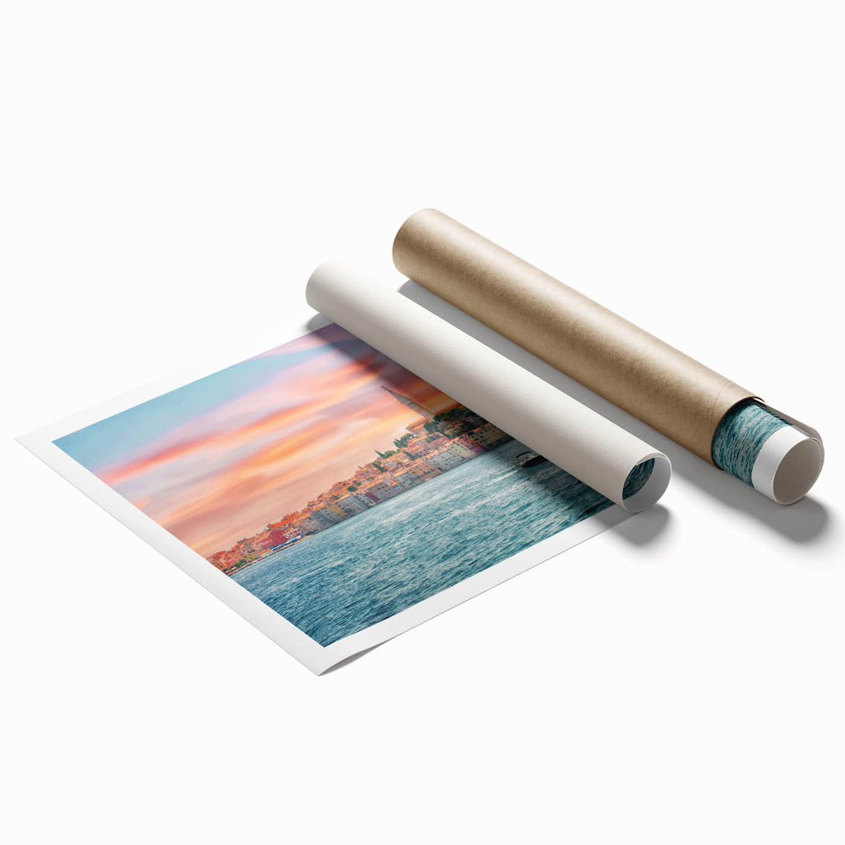Rolled print of a Croatian landscape featuring vibrant greenery and a coastal village, ideal for classy bathroom wall art.
