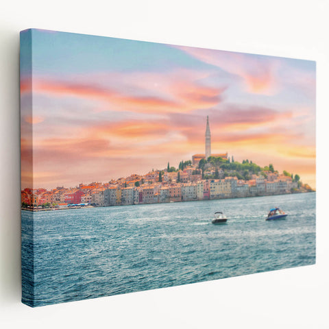 Large art depicting a scenic Croatian coastline on stretched canvas, featuring muted blue and green tones.
