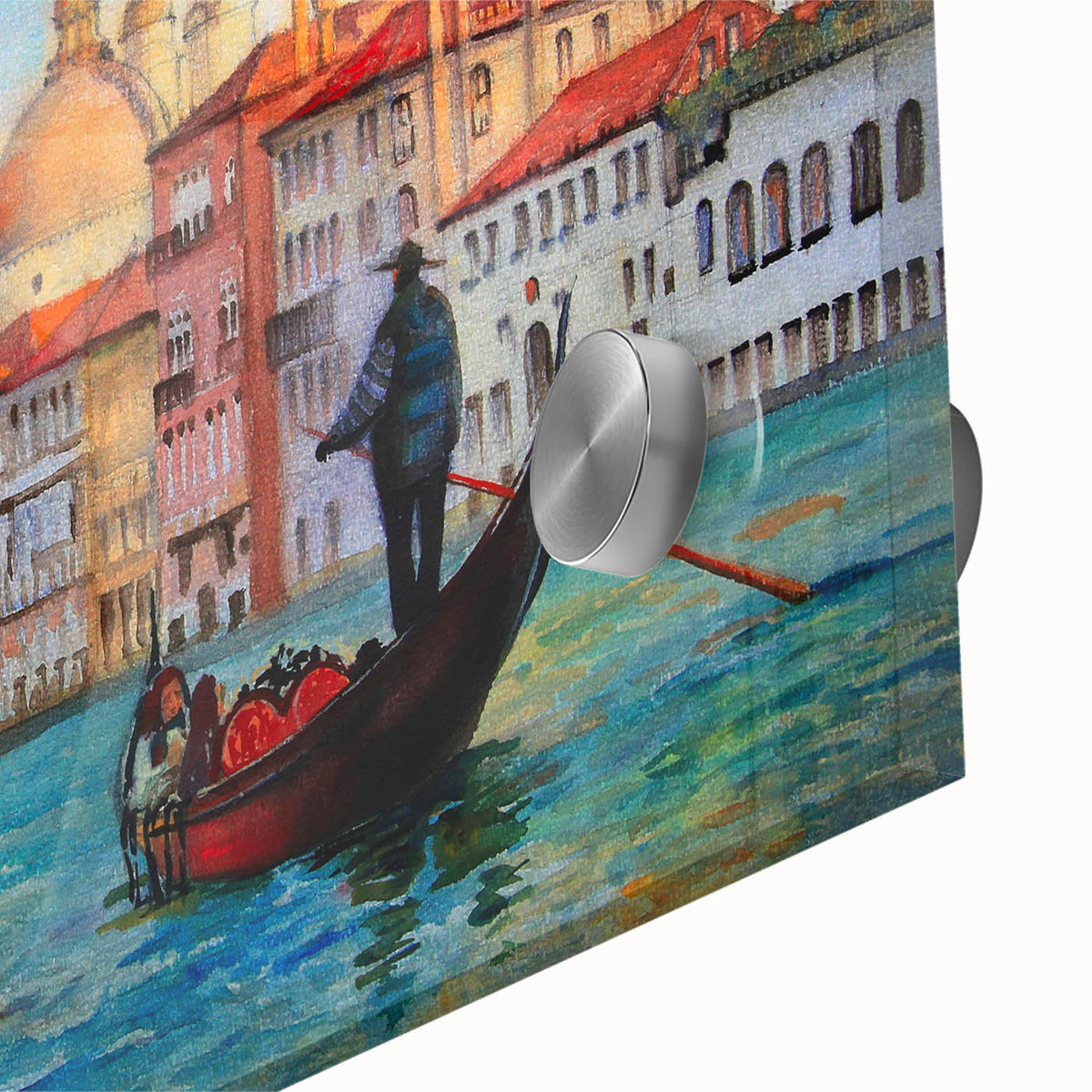 Acrylic print of a mid-century modernist Venice scenery in muted earth tones, ideal for dining room art.