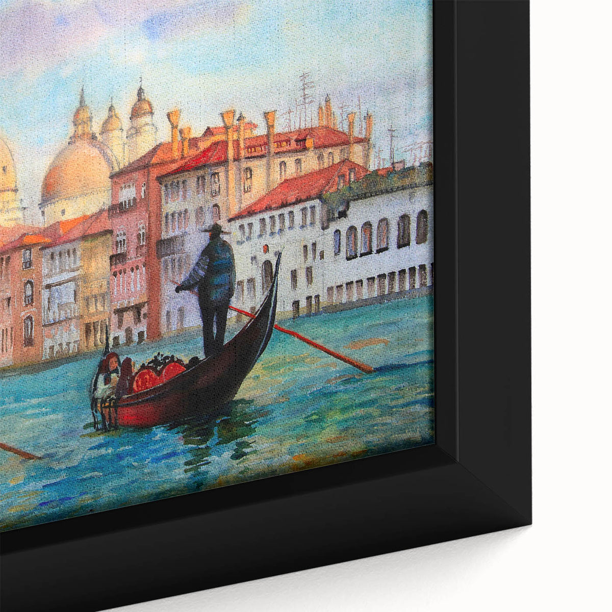 Extra large framed canvas depicting a textured, colorful Venetian scene on a black background, ideal for living room decor.