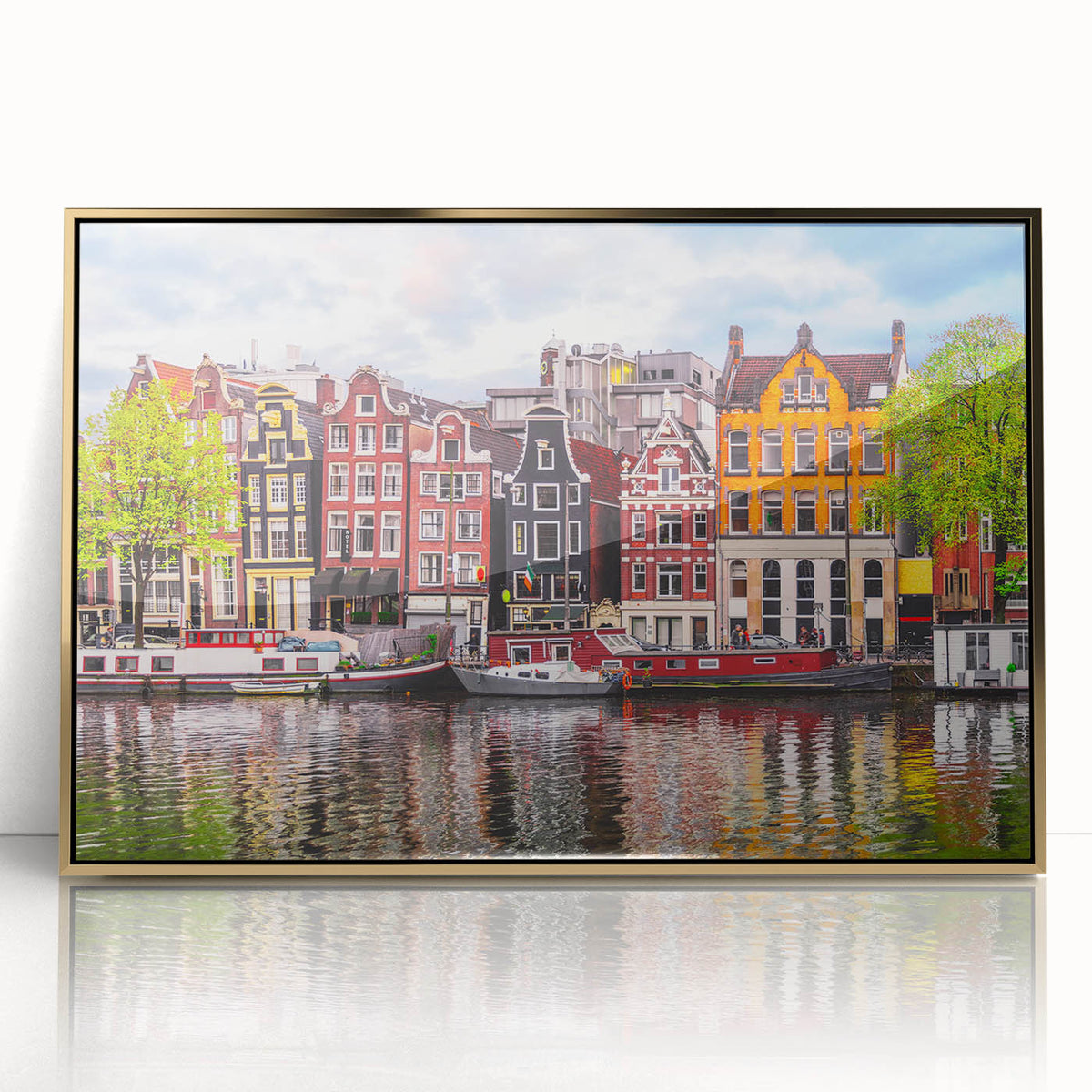 Art deco style poster of European scenery, featuring muted gold and blue tones on framed acrylic.