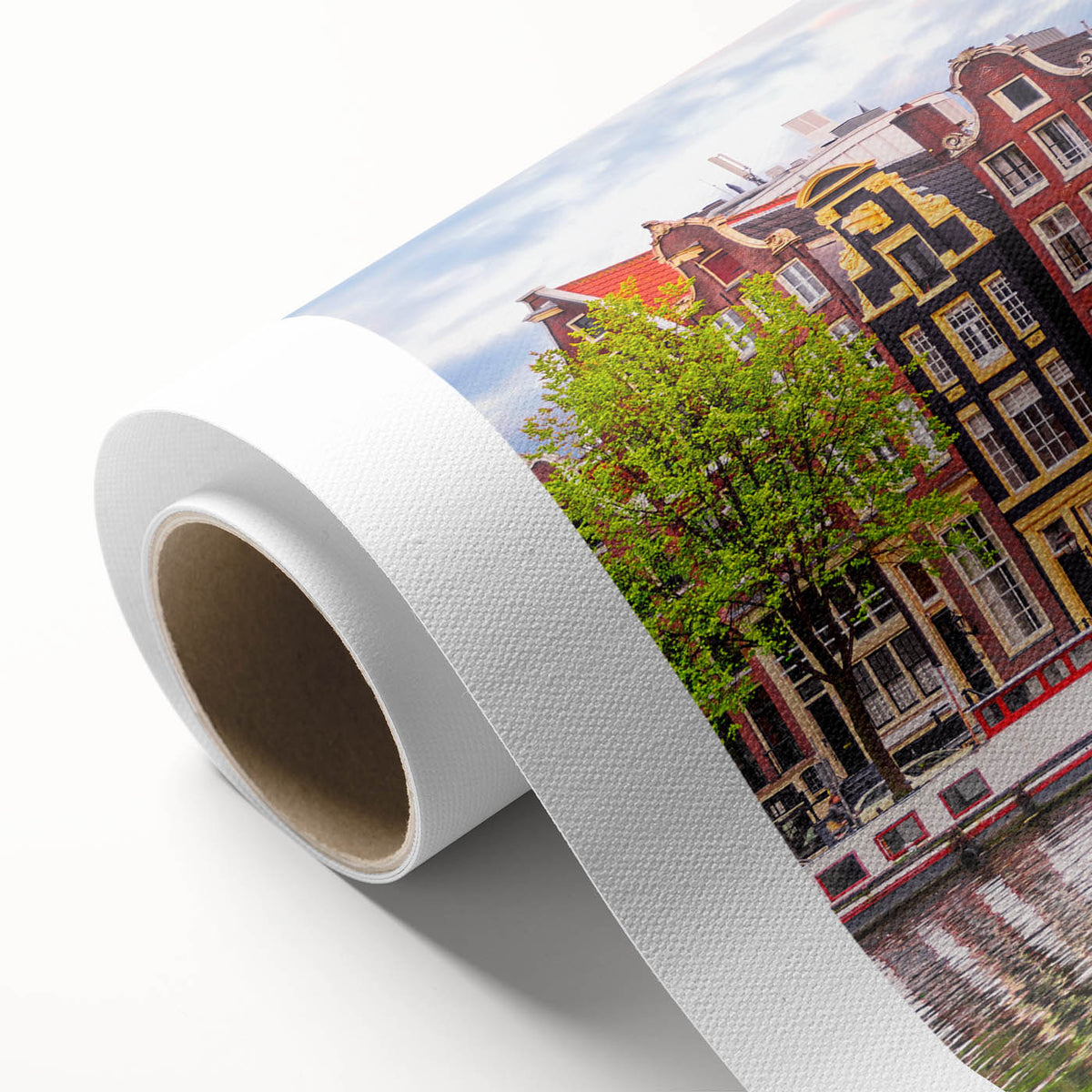 Art deco poster of Netherlands scenery in muted earth tones on rolled canvas, ideal for nursery wall art.