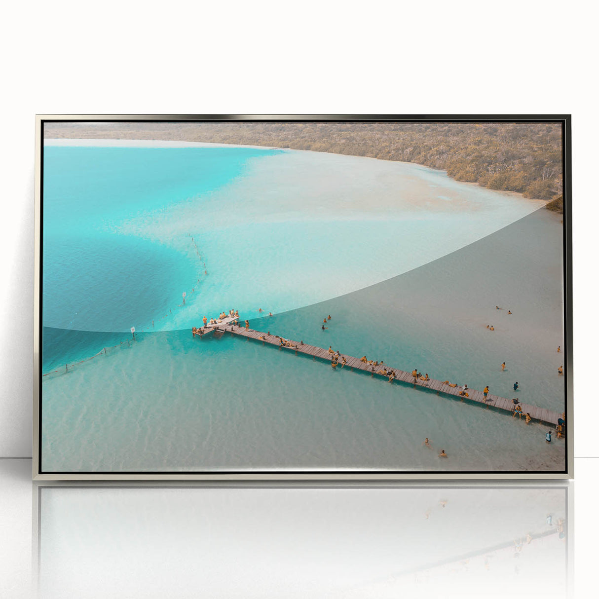 Mid-century modernist art depicting a serene Quintana Roo landscape in soft pastel colors on a silver-framed acrylic.