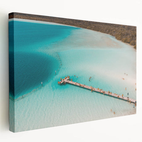 A stretched canvas print featuring a serene landscape of Quintana Roo, Mexico, with vivid green and blue tones.