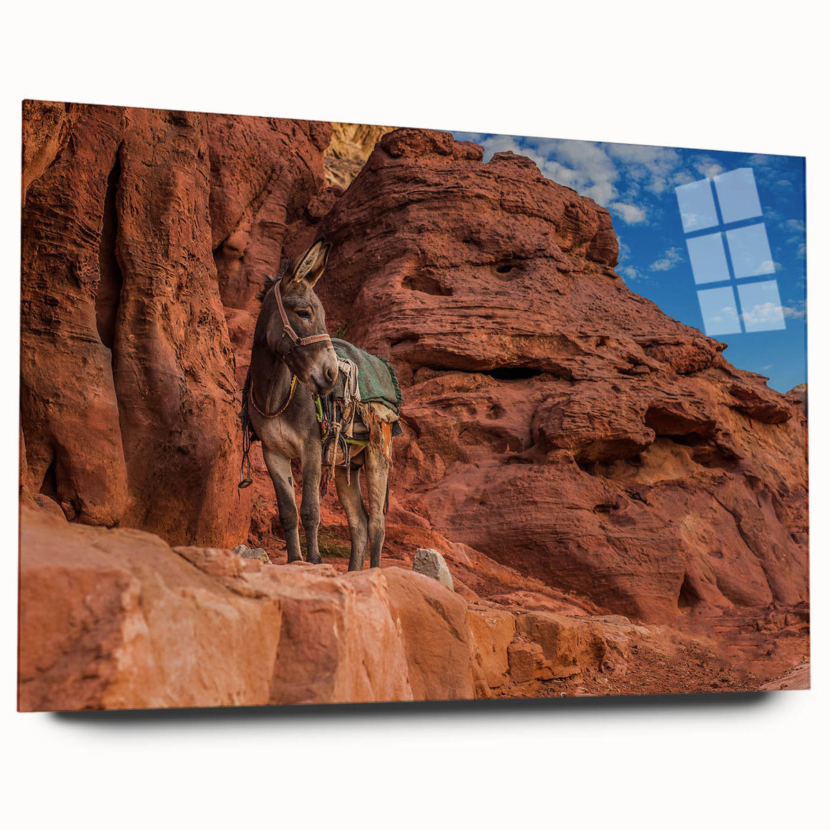 Large abstract wall art depicting a Middle Eastern landscape in muted earth tones on acrylic glass.