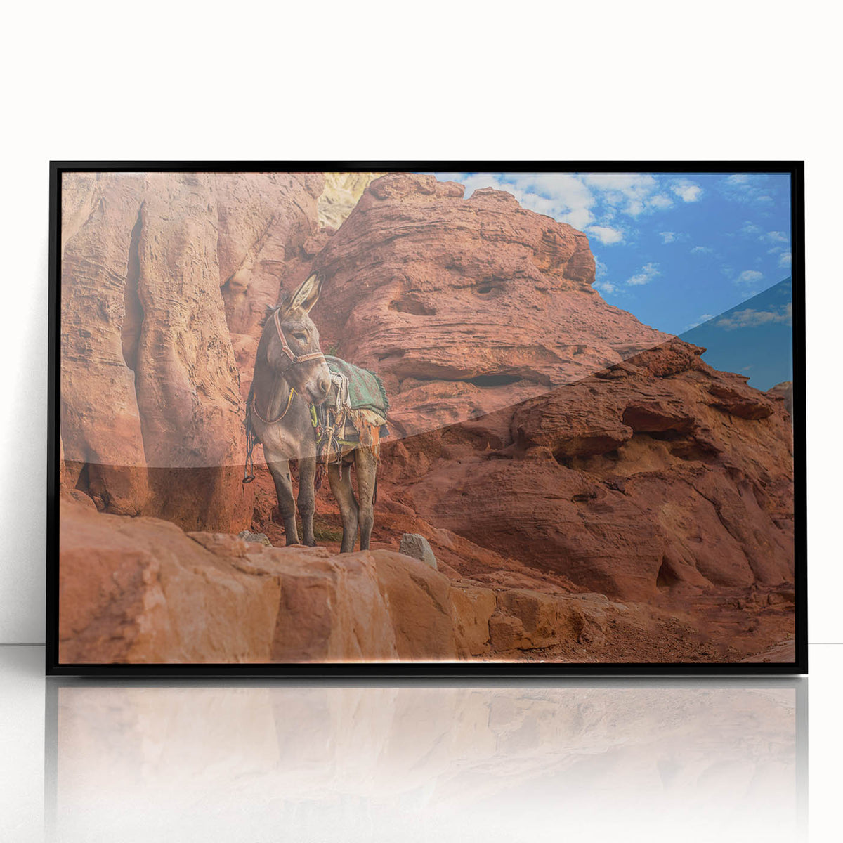 Large abstract wall art depicting a Middle Eastern scenery in muted earth tones on a framed acrylic.