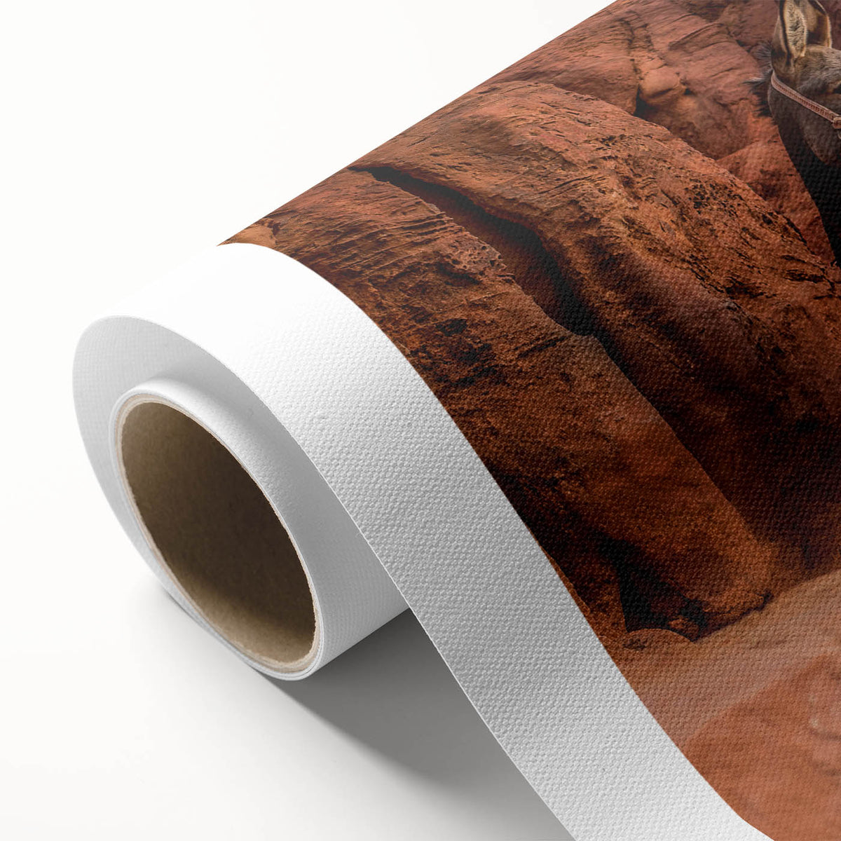 Art deco poster of a scenic Middle Eastern landscape in muted earth tones on rolled canvas.