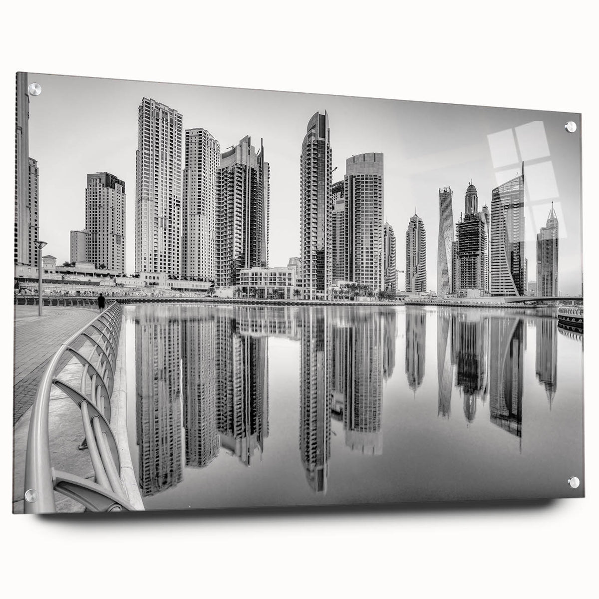 Acrylic print of Dubai skyline in muted earth tones, suited for dining room or bedroom decor.
