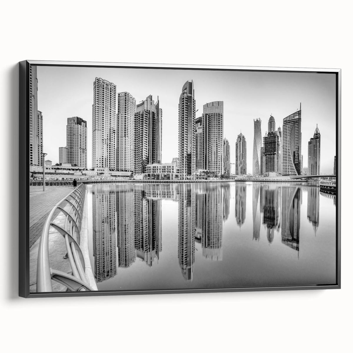 Black and white framed canvas of Dubai landscape, ideal for bedroom wall art.