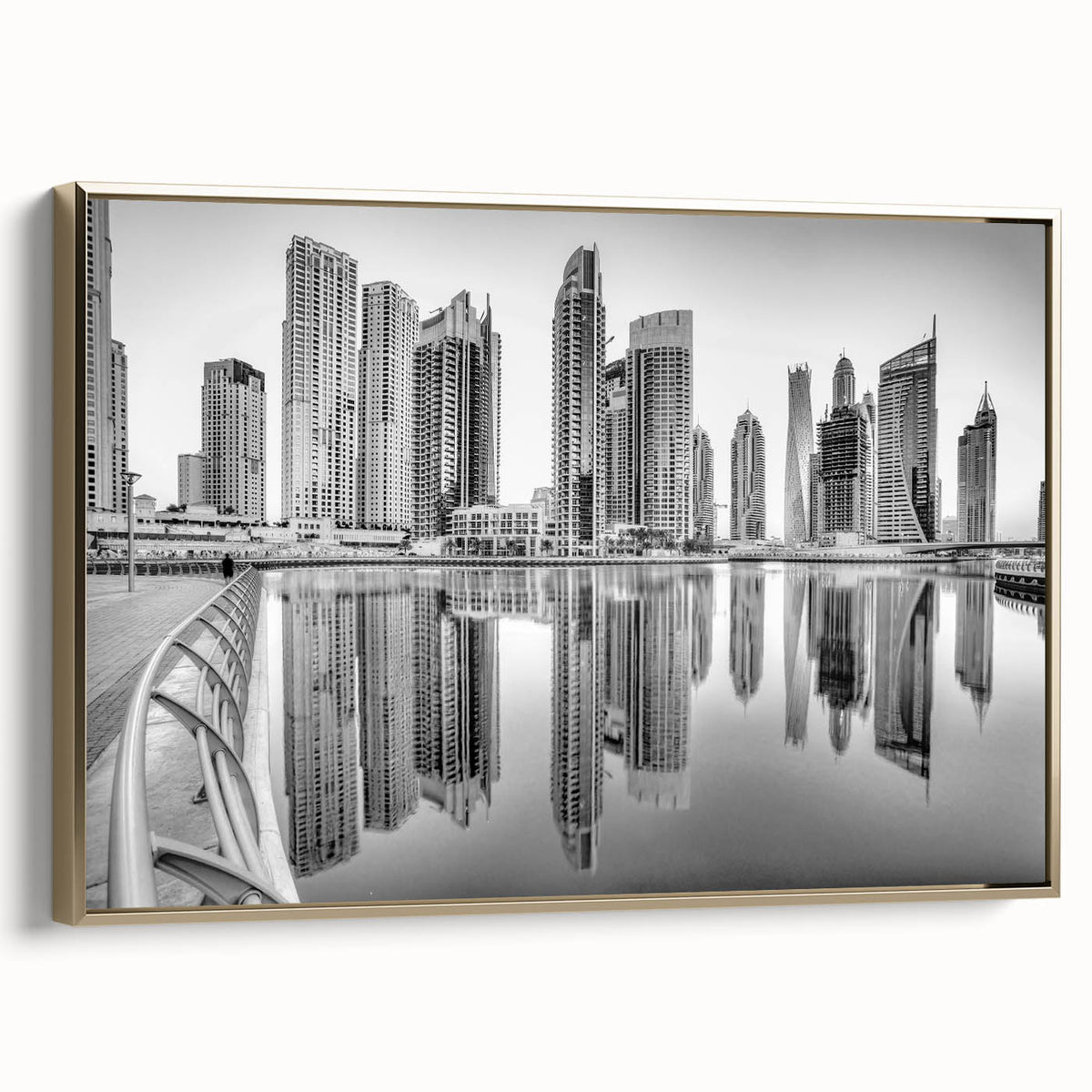 Framed canvas wall art featuring a black and gold vintage poster of the Dubai skyline, ideal for bedroom decor.