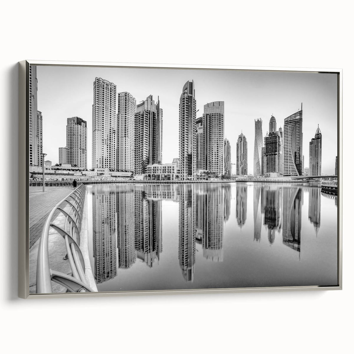 Framed canvas featuring a colorful Dubai skyline landscape with silver accents, ideal for office decor.