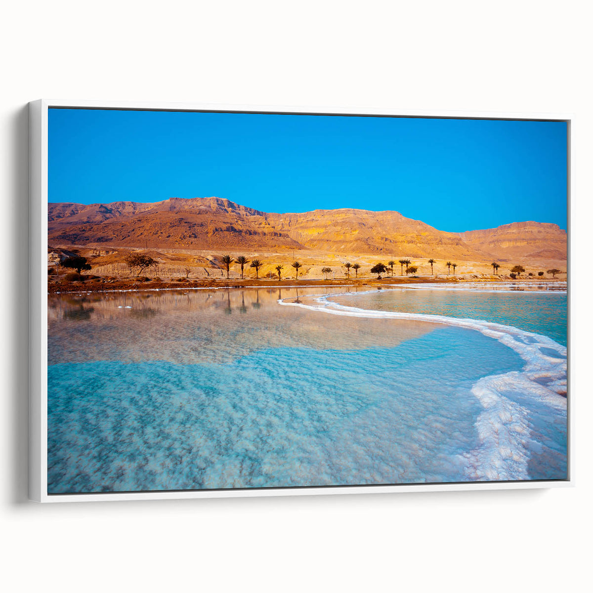 Vintage poster art of the Dead Sea in vibrant blue and white hues, framed canvas, ideal for living room decor.