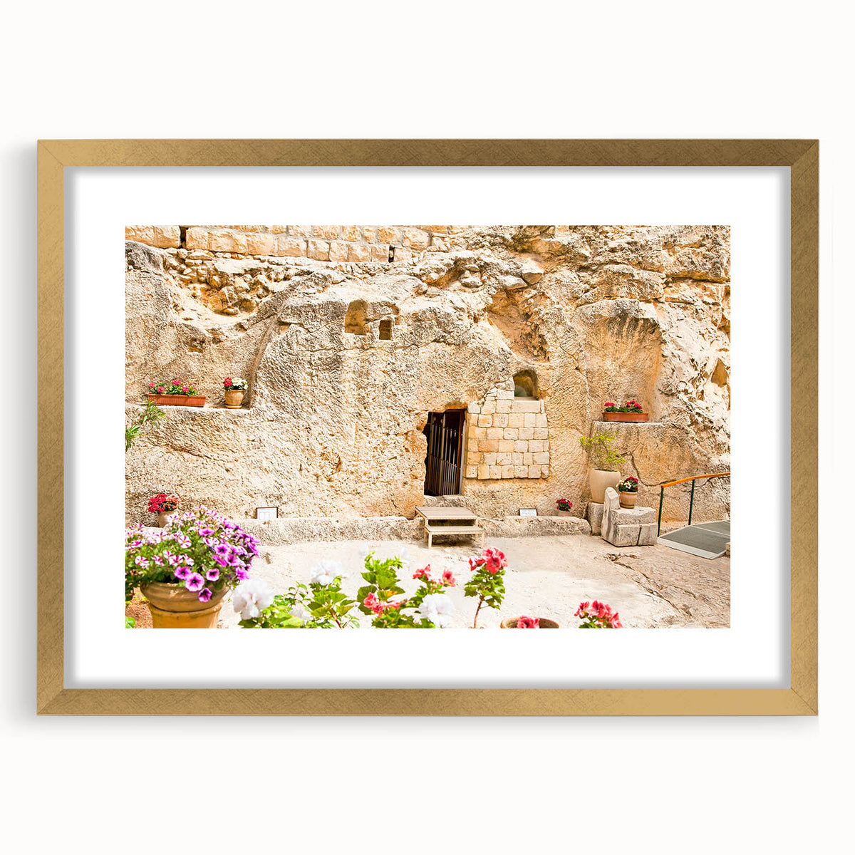 Extra large wall art featuring a textured abstract print of Jerusalem in gold and earth tones, ideal for living room decor.