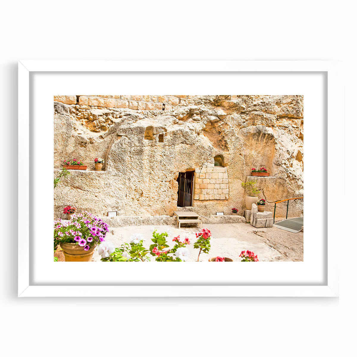 Abstract art print of Jerusalem skyline in muted earth tones on a framed white mat, suitable for dining room decor.