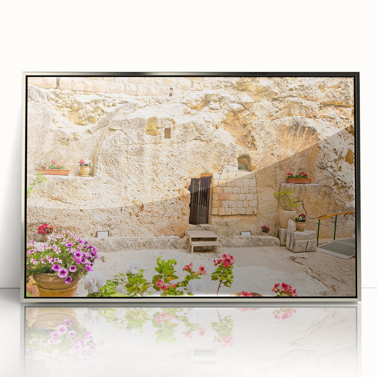 Acrylic framed print of Jerusalem scenery in muted earth tones, ideal for modern art wall decor in a nursery.