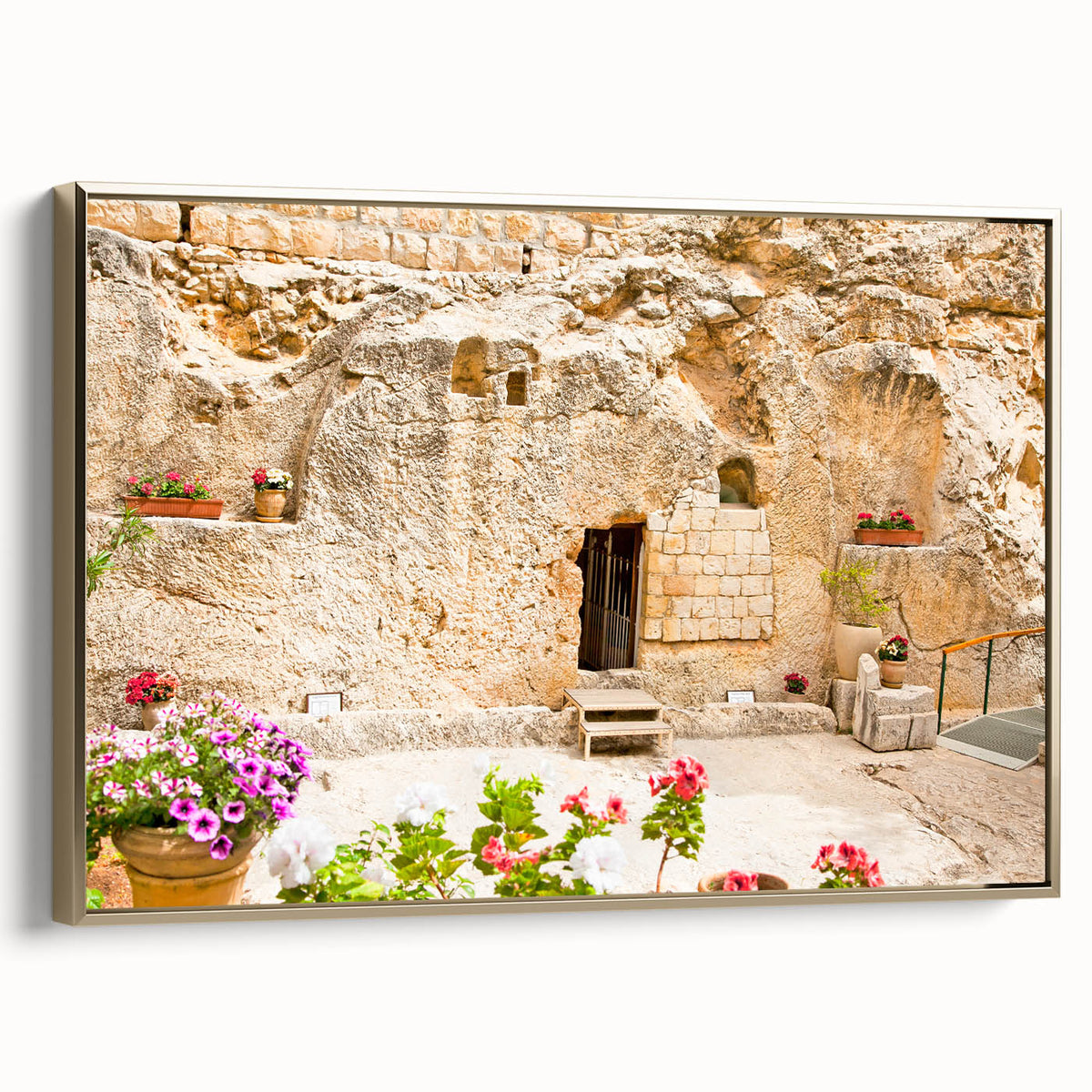 Framed canvas depicting a vintage-style landscape of Jerusalem in muted gold and black tones, suitable for bedroom wall art.