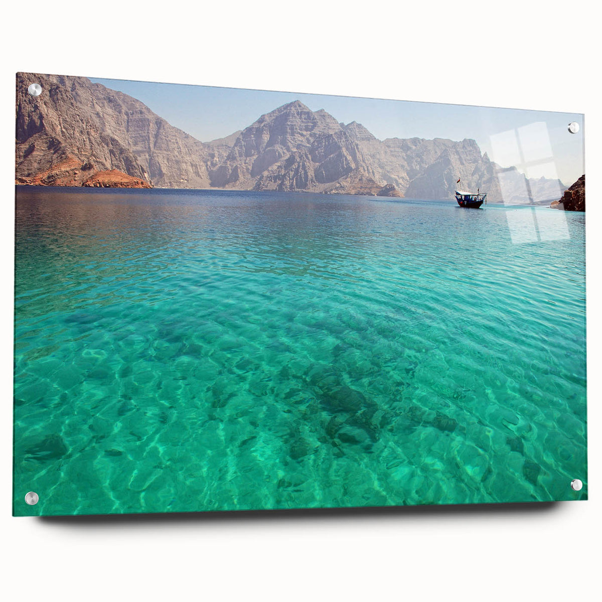 Large abstract wall art of an Omani scenery in muted earth tones on acrylic glass, suitable for bedroom or dining room decor.