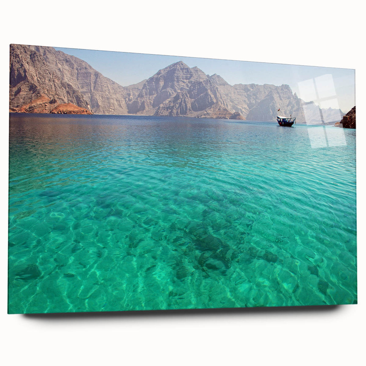 Large abstract wall art depicting a Middle Eastern landscape in muted earth tones on acrylic glass.