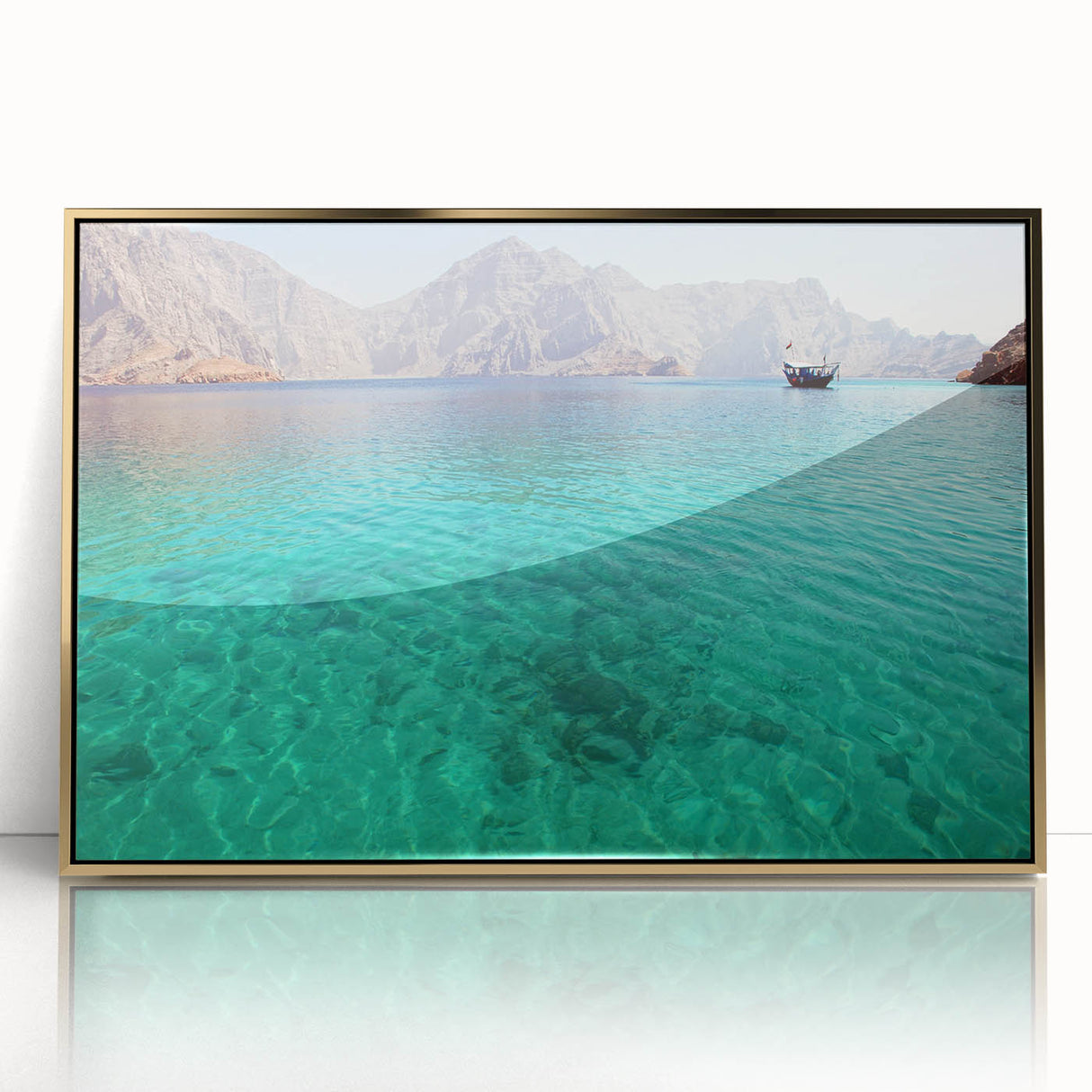 Large acrylic print of an Omani landscape with soft gold and blue tones in a mid-century modernist style.