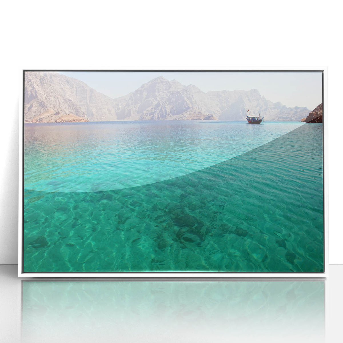 Acrylic print of an art deco-style Oman scenery, with neutral and earthy tones, framed in white.