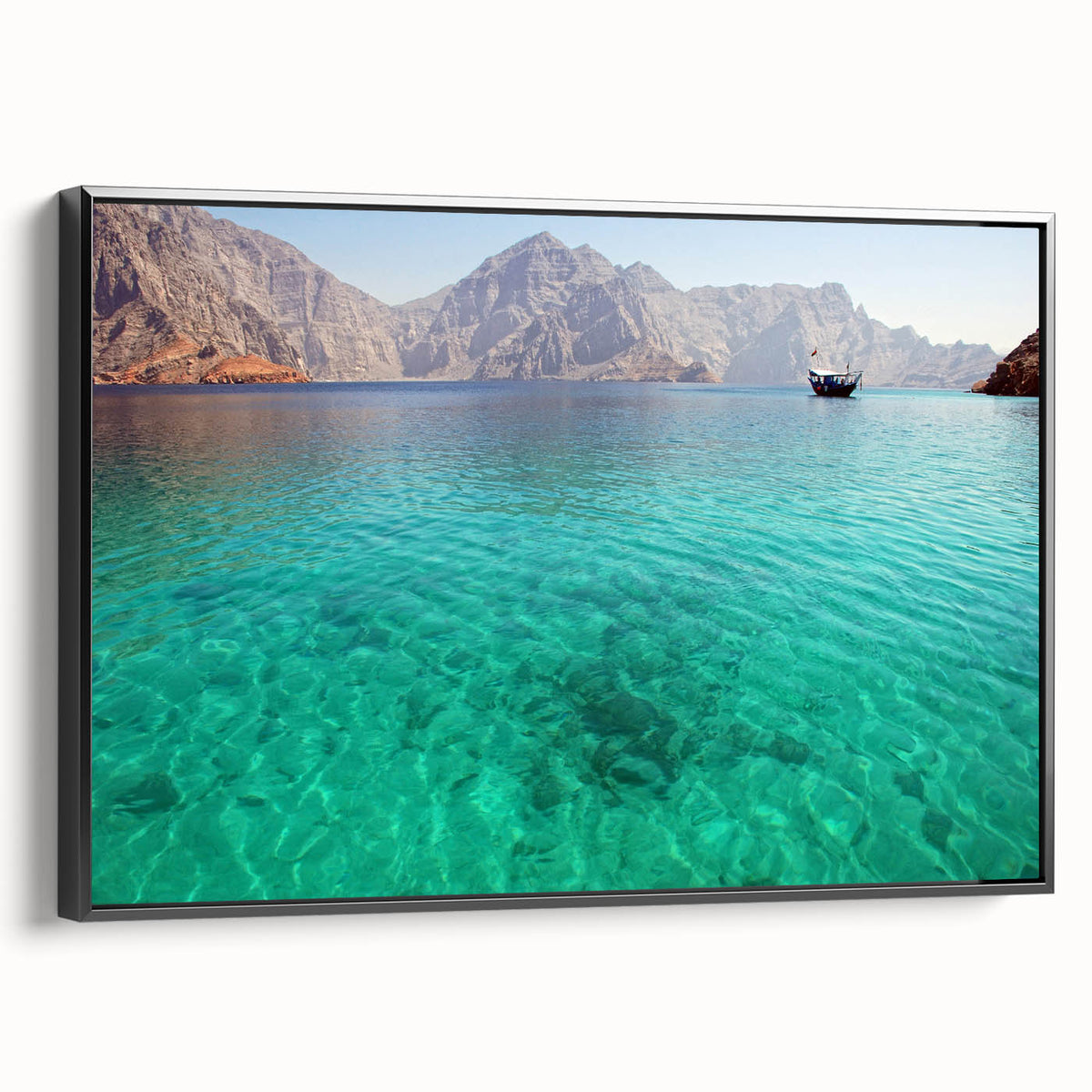 Black and white landscape art painting of Oman scenery on framed canvas, suitable for bedroom wall decor.