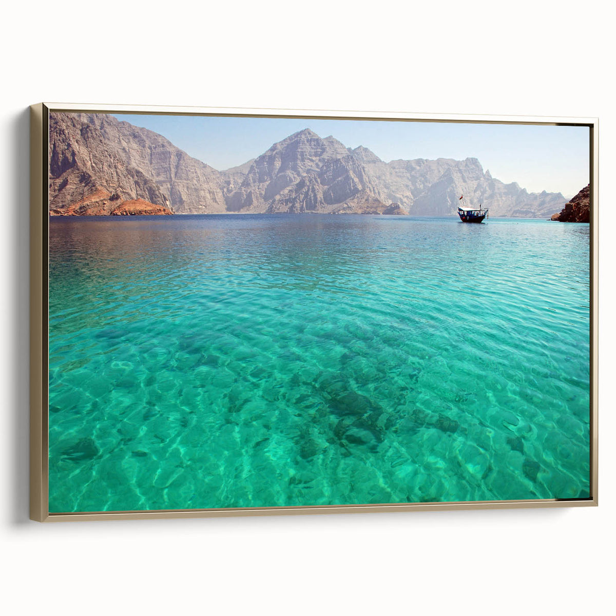 Framed canvas depicting a vintage-style landscape of Oman in muted gold and black tones, ideal for bedroom wall art.