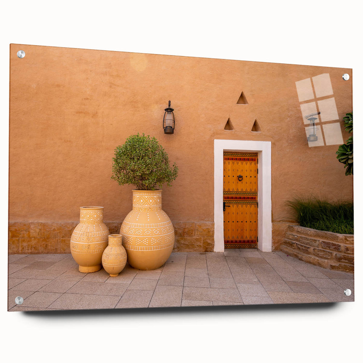 Acrylic print of an abstract Saudi Arabian landscape in earthy tones, suitable for bedroom or dining room decor.