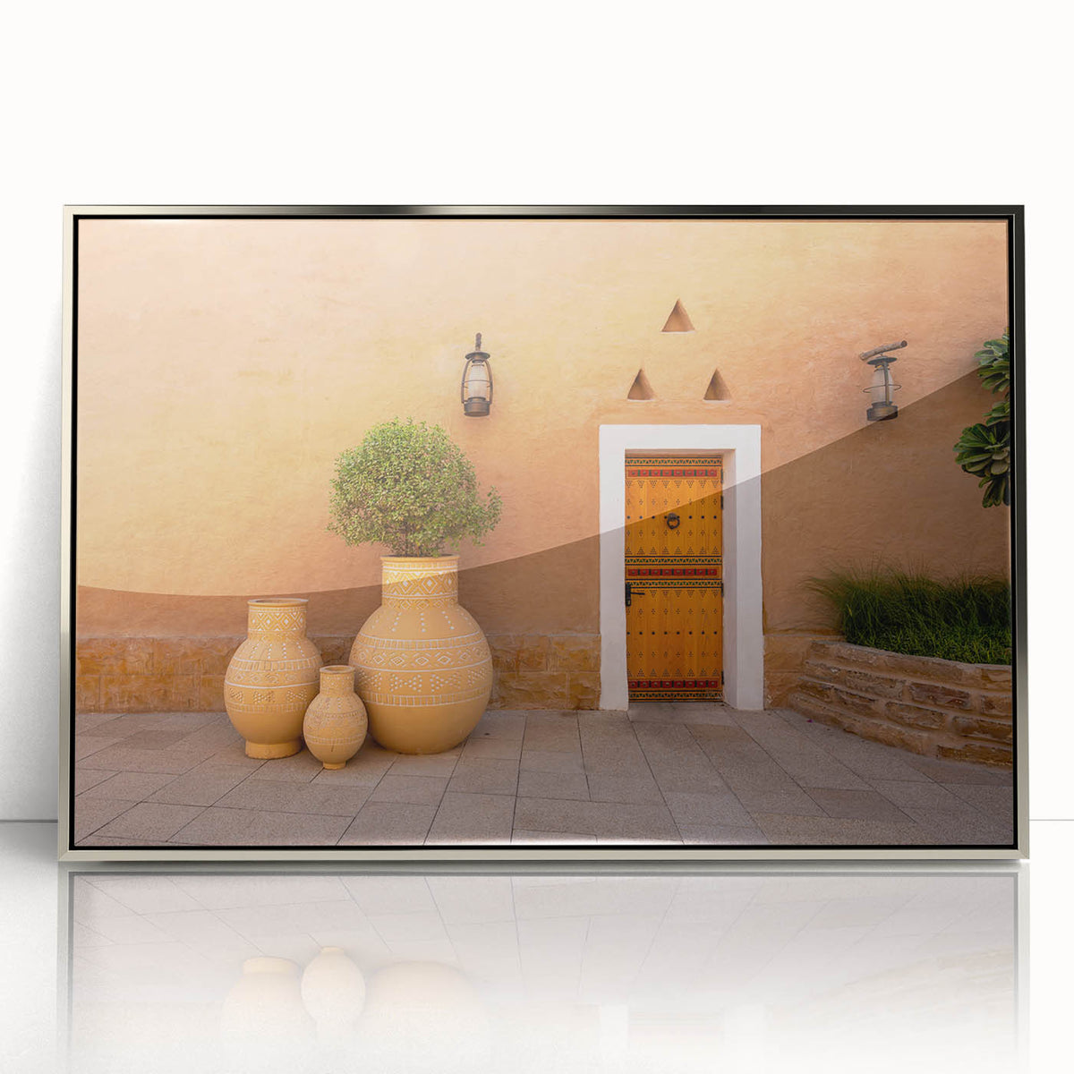 Mid-century modernist acrylic print of a Saudi Arabian landscape in muted earth tones, ideal for nursery wall decor.