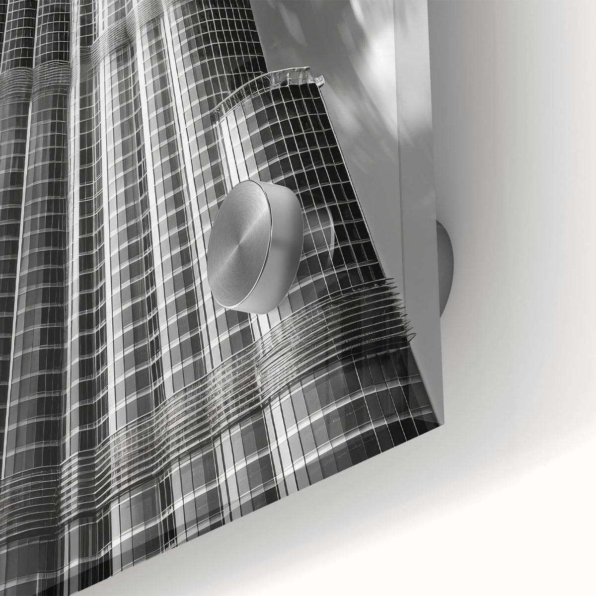 Large abstract depiction of the Burj Khalifa in muted earth tones on an acrylic glass, suitable for dining room art.