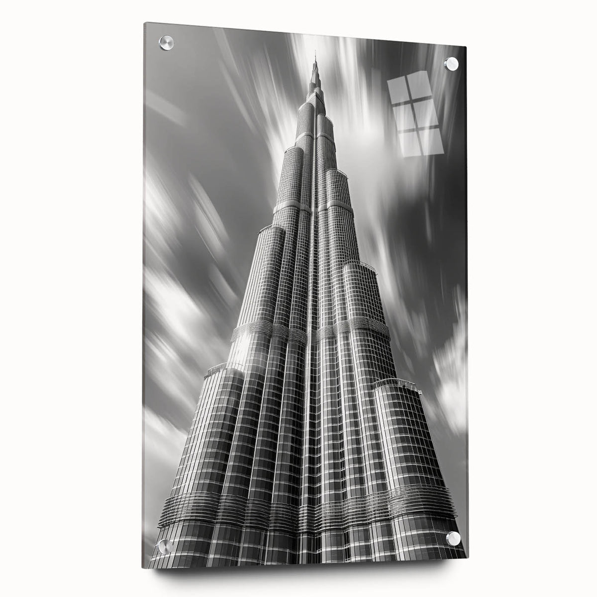 Acrylic print of the Burj Khalifa in muted gray tones, ideal for modern living room or dining room decor.