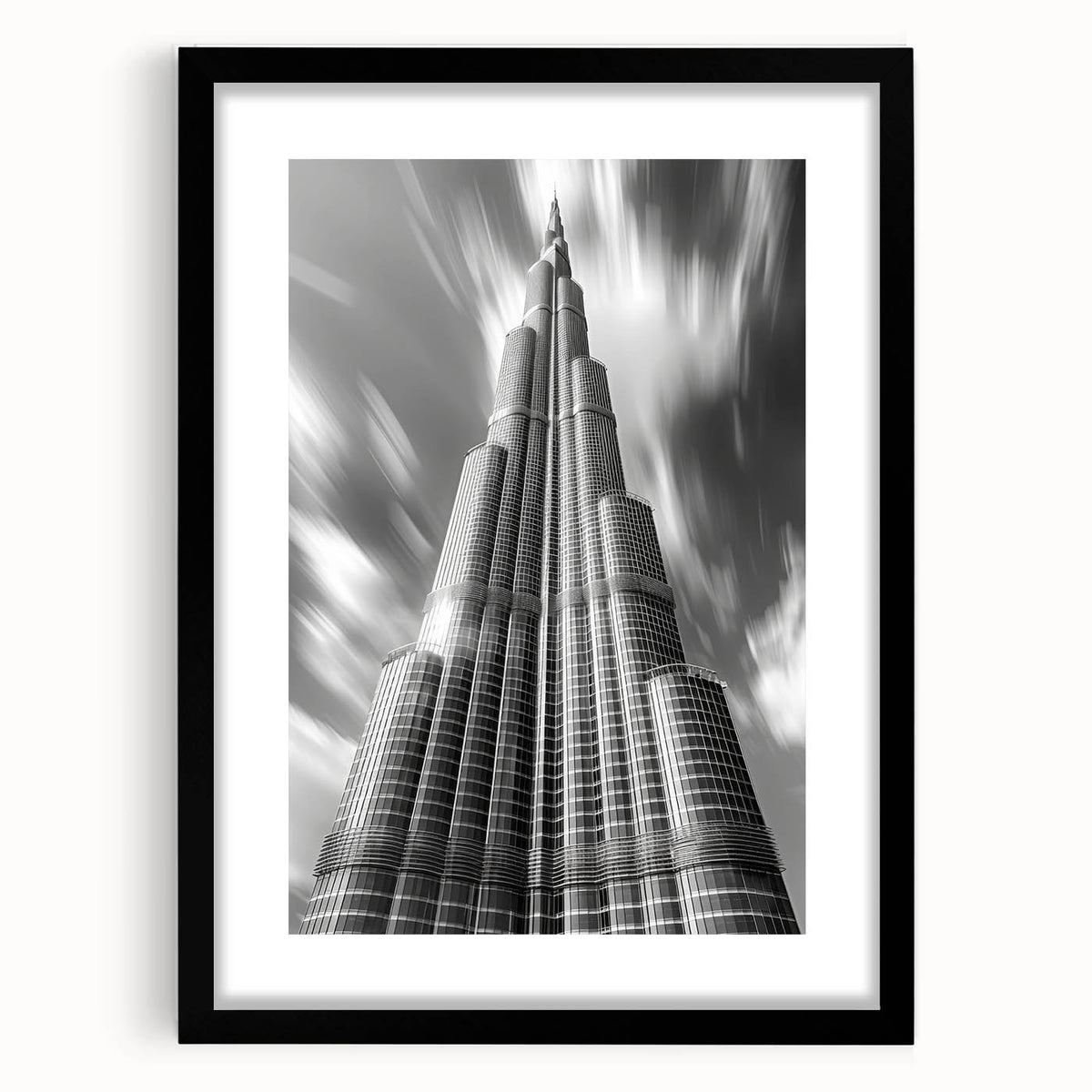 Extra large, textured abstract art print of colorful Burj Khalifa scenery on a black framed canvas.